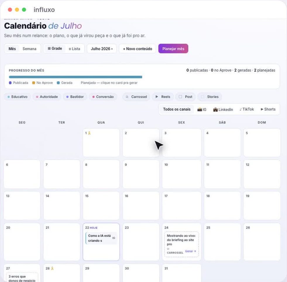Calendário editorial de um cliente na Influxo